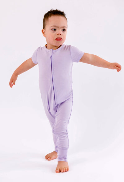 Pastel Lilac Bamboo Short Sleeve One Piece Zip Up Romper Pajamas Purple Lavender Solid