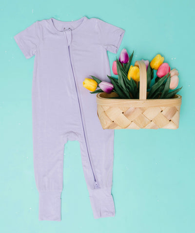Pastel Lilac Bamboo Short Sleeve One Piece Zip Up Romper Pajamas Purple Lavender Solid