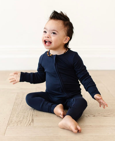 Newborn Baby Boy Girl Bamboo Pajamas Black Holiday Sibling Matching Convertible Footie Romper Two Way Zipper Black Navy Blue Sibling Matching PJs